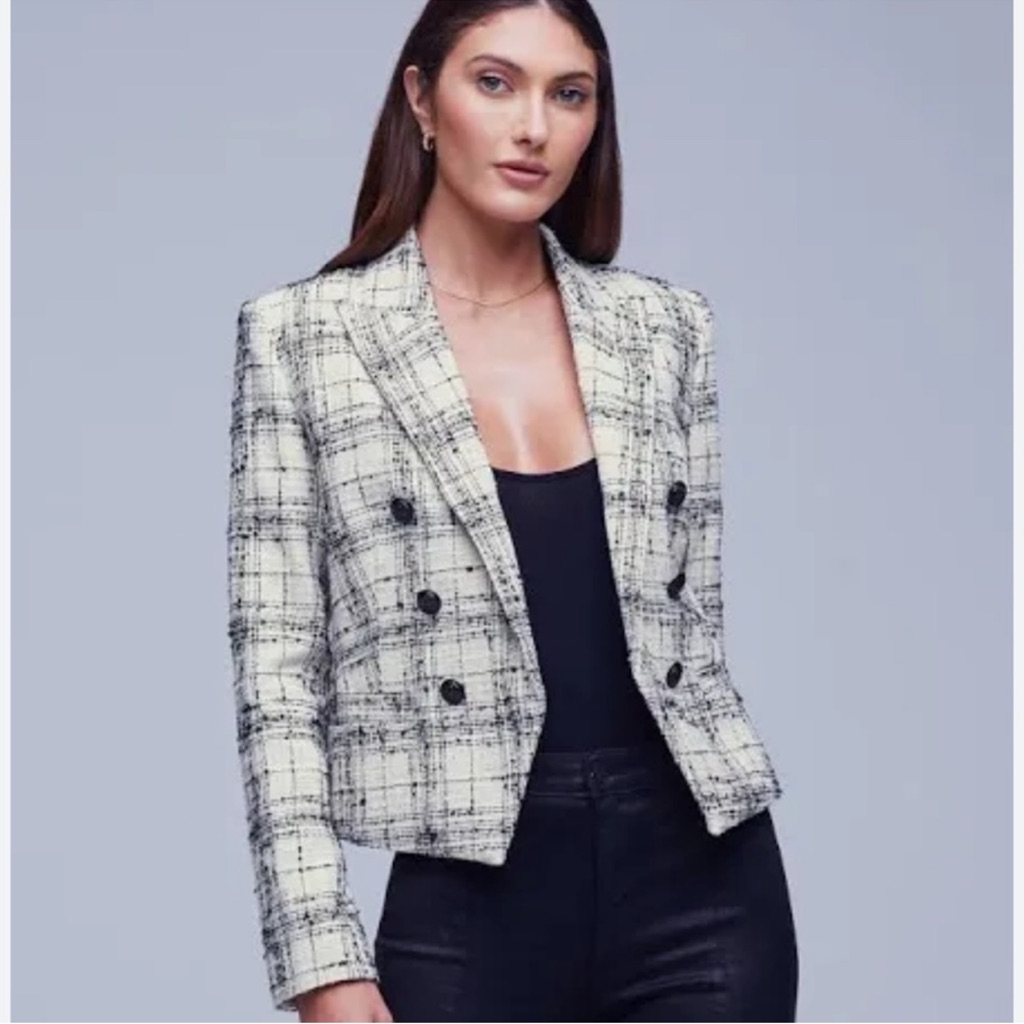 L'agence Brooke Ecru And Black Windowpane Blazer Jacket Nwot